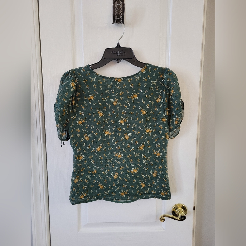 Madewell Silk Evie Tie-Sleeve Top Fresh Sprigs Green Floral Size 4 - Picture 8 of 13